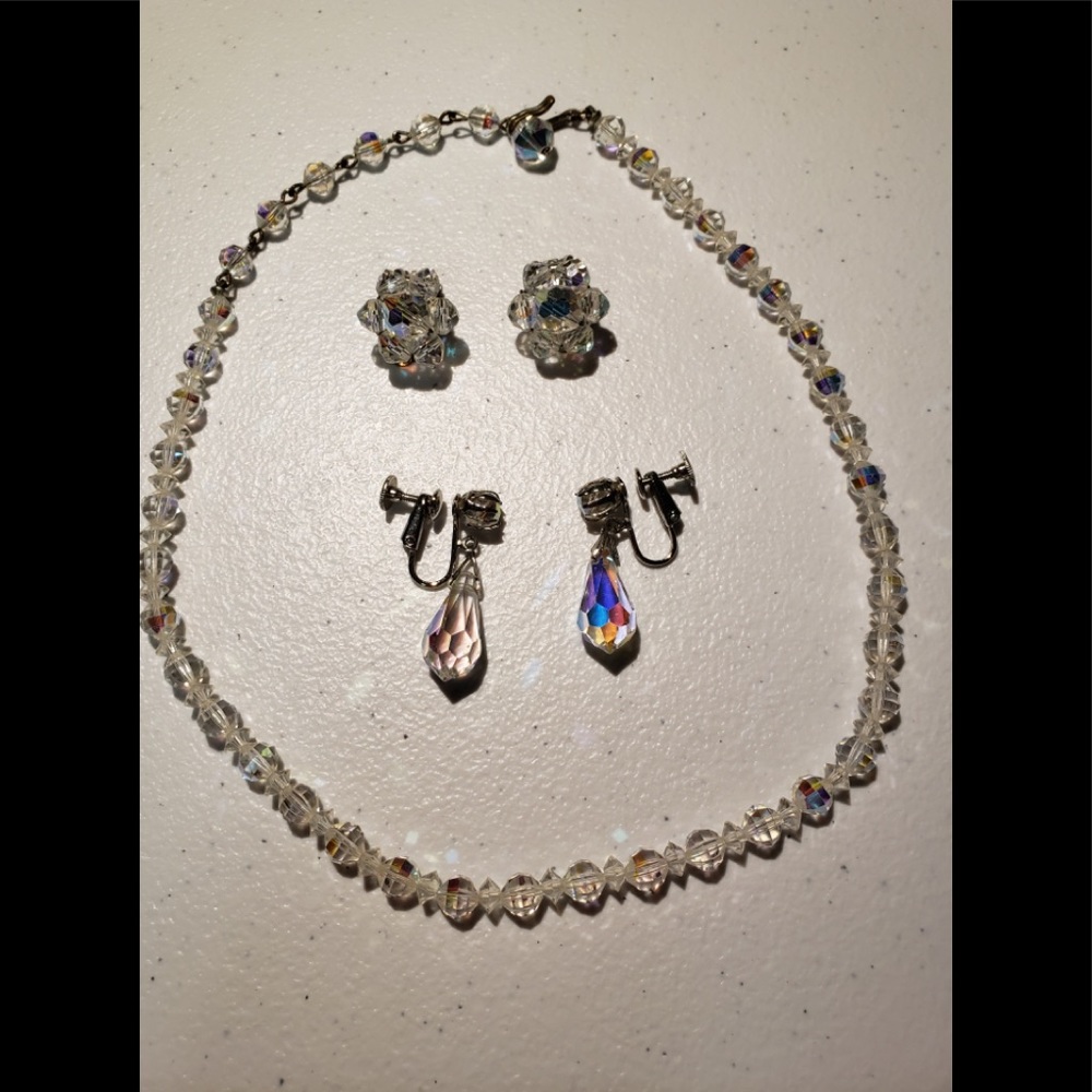 Vintage Laguna Aurora Borealis crystal necklace and 2 sets of earrings
